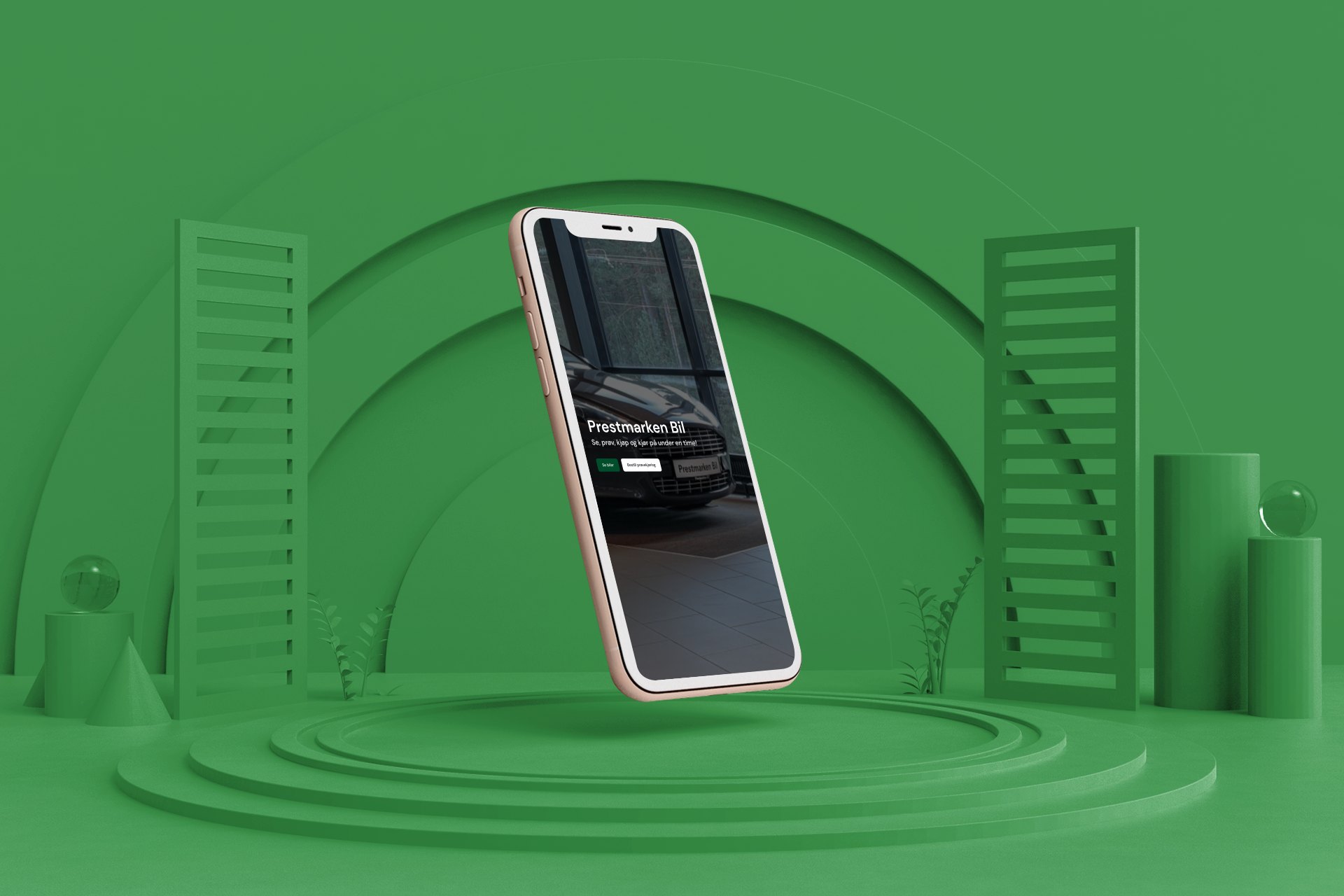 iPhone mockup s modern&iacute;m responzivn&iacute;m webem, kter&yacute; Dvojka Studio vytvořil pro autosalon Prestmarken Bil &mdash; tmav&yacute; design a obsah pro prodejce aut